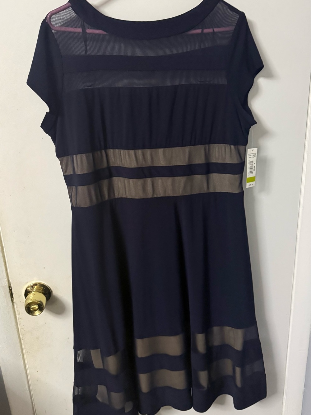 R&M Richards Navy Dress with Taupe Mesh Stripes